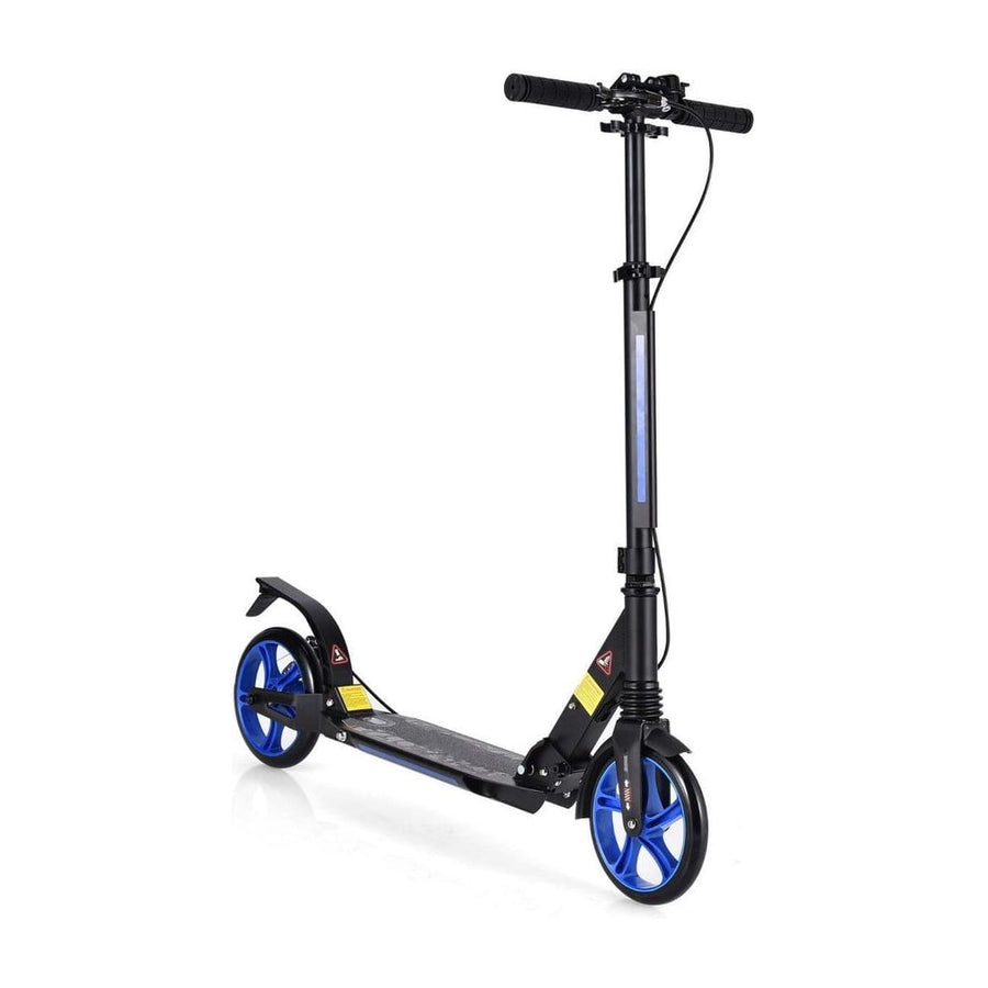Kick Scooter with Adjustable Handlebar and Anti-Shocking Suspension in blue, shown from the front