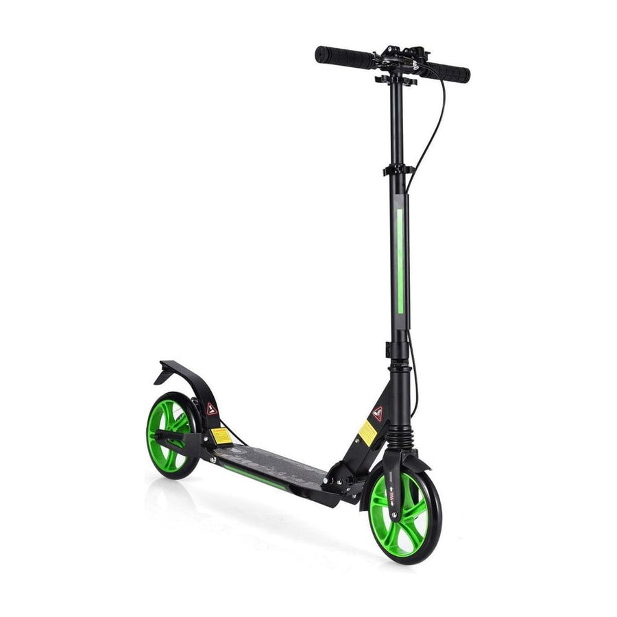 Kick Scooter with Adjustable Handlebar and Anti-Shocking Suspension, a green and black scooter standing upright
