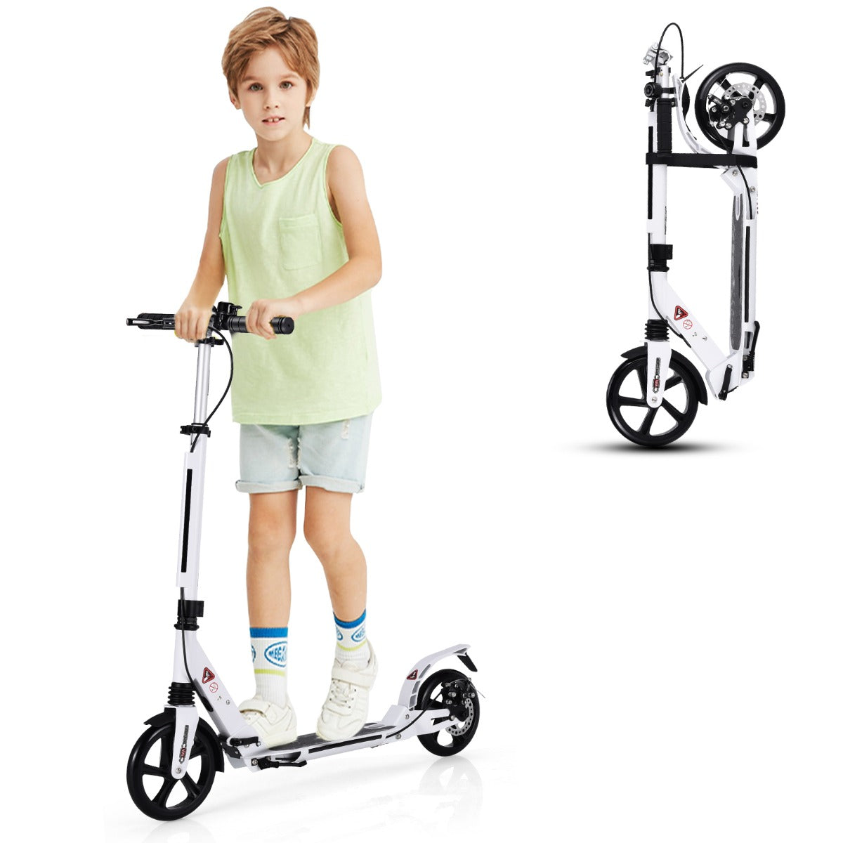 Kick Scooter with Adjustable Handlebar and Anti-Shocking Suspension-White