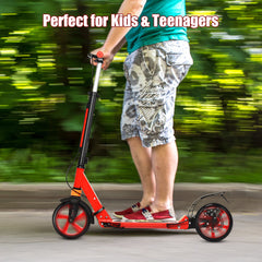 Kick Scooter with Adjustable Handlebar and Anti-Shocking Suspension-Red