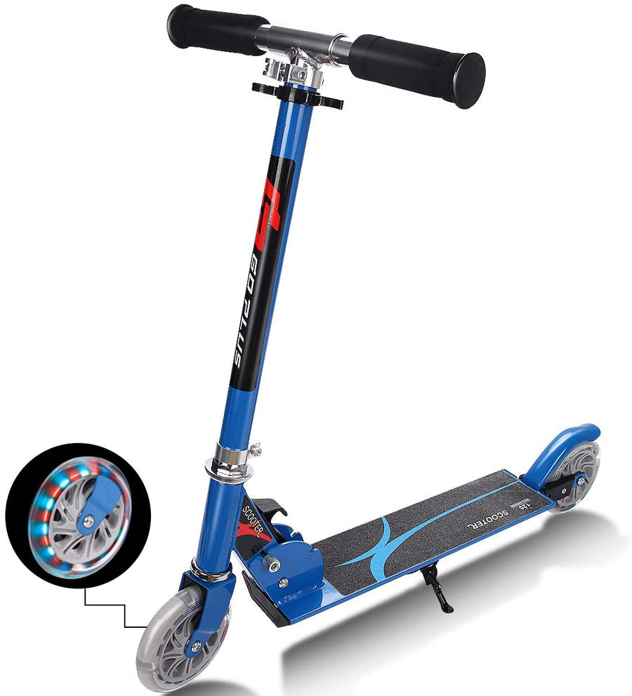 Kids Aluminum Folding Stunt Scooter with LED Wheels shown in blue with a close-up of the glowing wheel