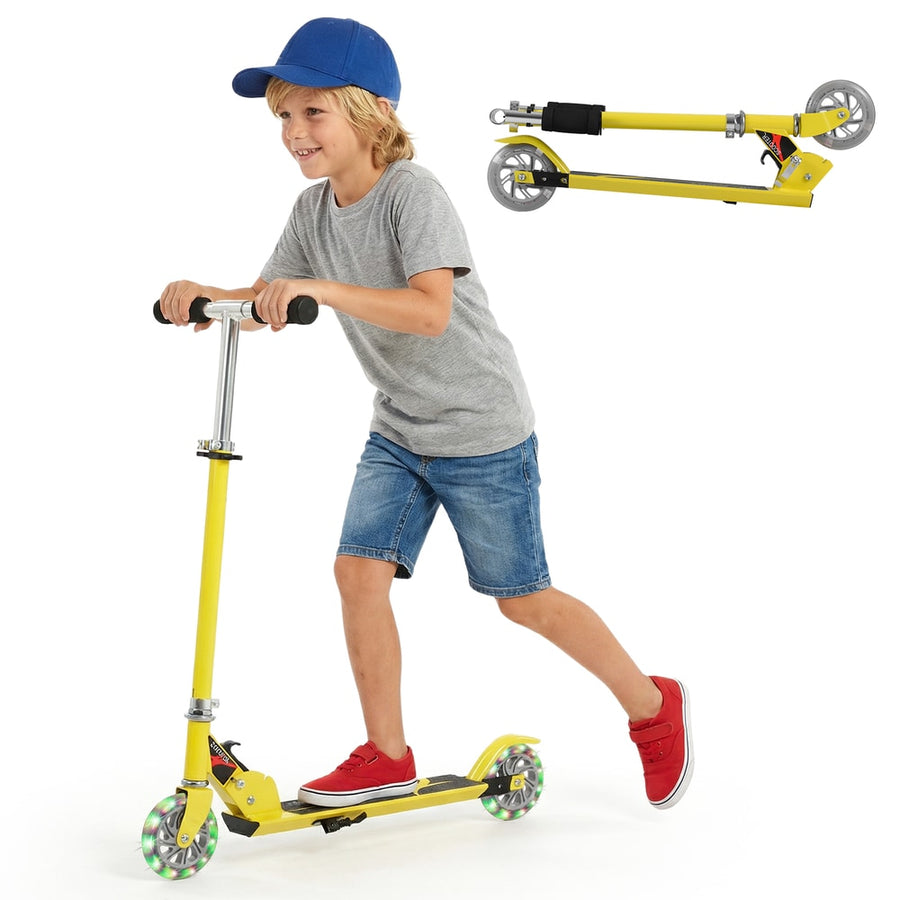 Kids Aluminum Folding Stunt Scooter with LED Wheels shown in use and folded for storage