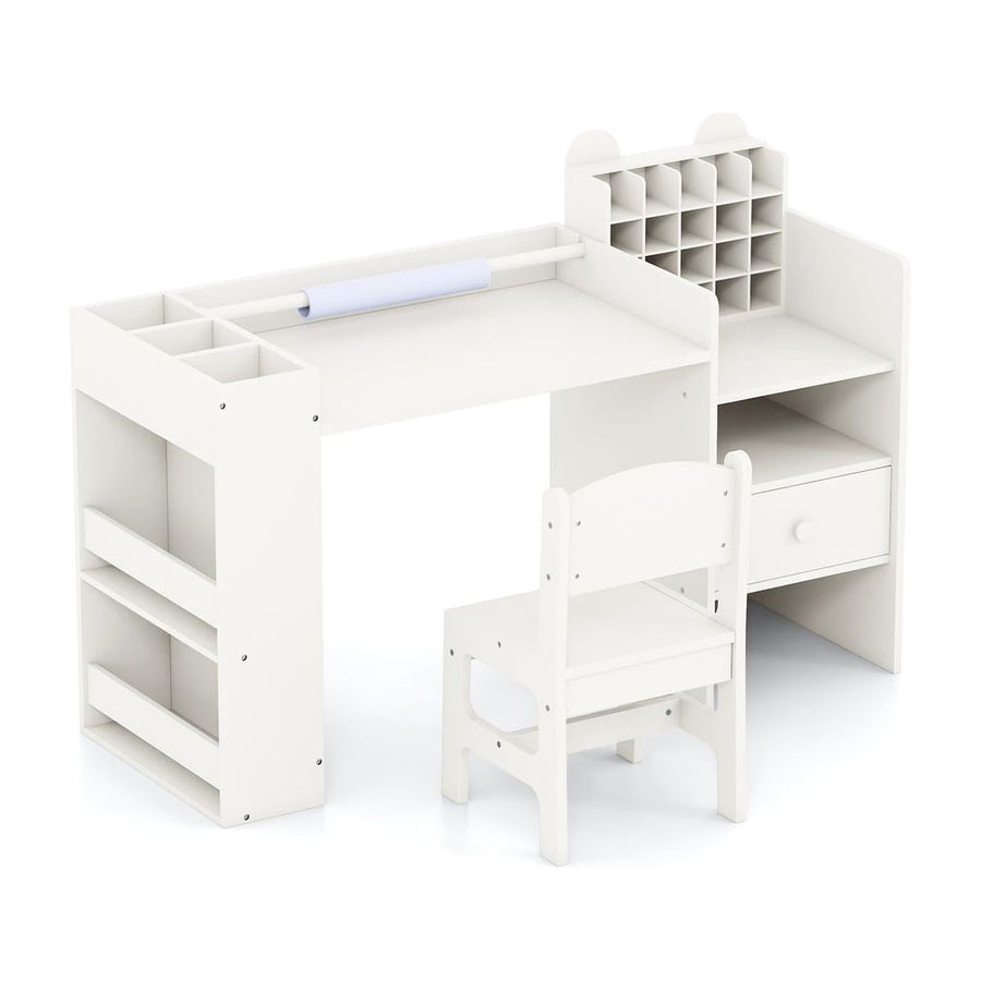 Kids Art Table and Chair Set with Removable Paper Roll Holder-White