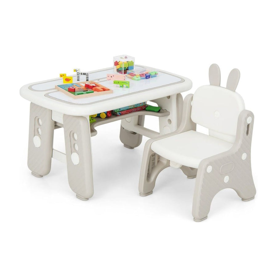 Kids Drawing Table and Chair Set with Flip-Top Tabletop Bookshelf-Grey