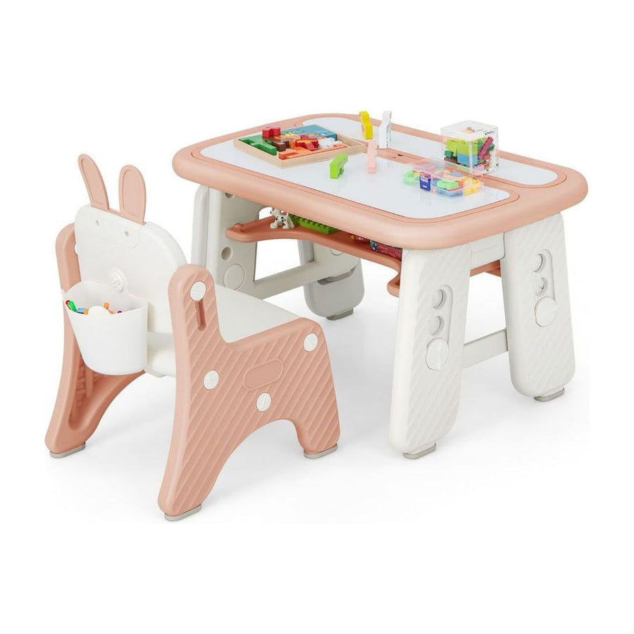 Kids Drawing Table and Chair Set with Flip-Top Tabletop Bookshelf-Pink