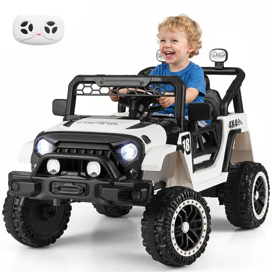 Kids Ride on Truck 12V Electric Toy Vehicle with a child driving and a remote control shown above