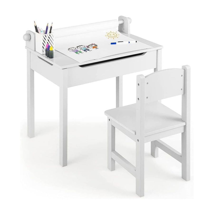 Kids Table and Chair Set with Paper Roll-White