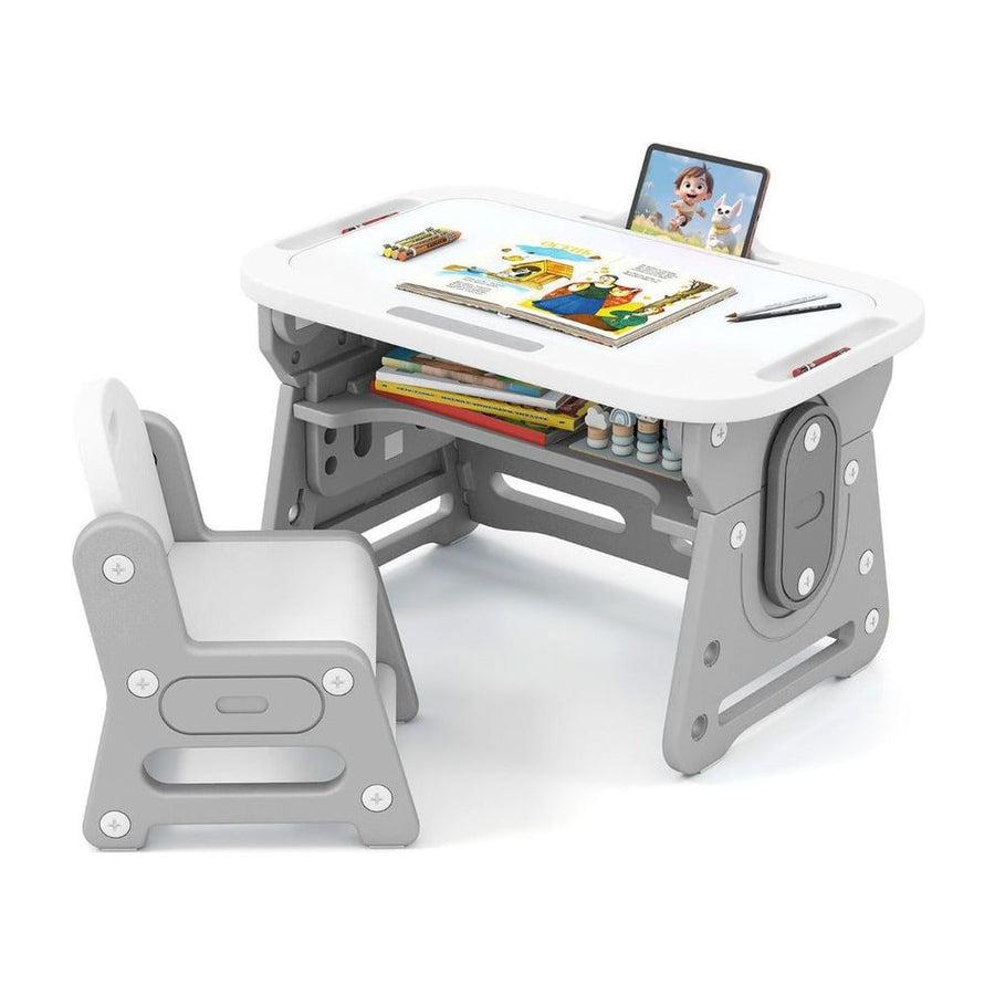 Kids Table and Chair Set with Tiltable Whiteboard and Book Stand-Grey