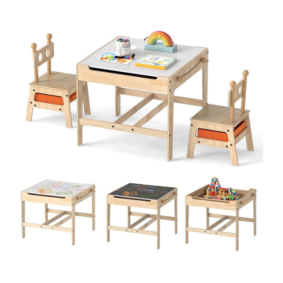 Kids Table and Chairs 4 in 1 Wooden Activity Desk Set (Robot Shape)-Natural