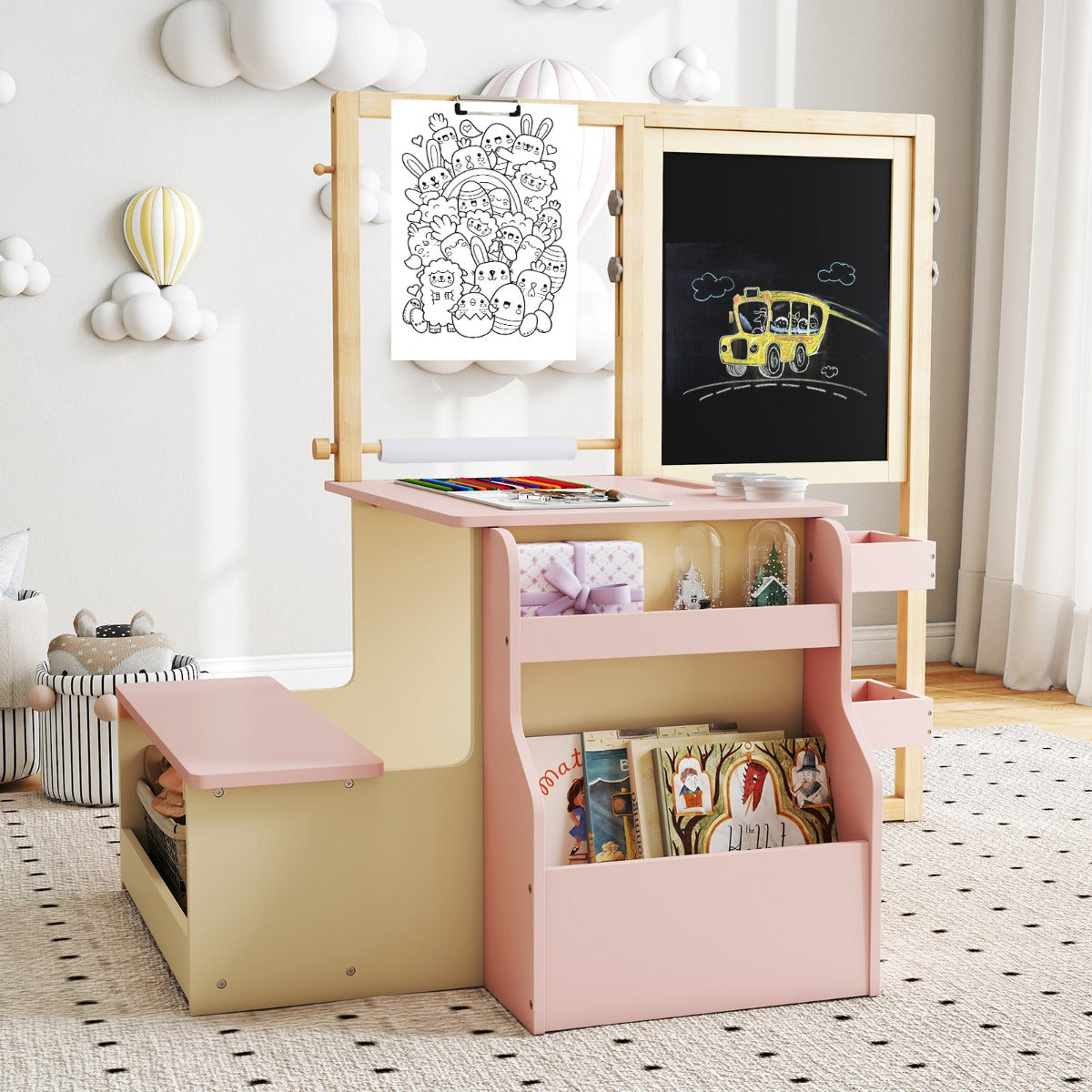 Kids Art Easel Table and Bench Set with Adjustable Easel and Bookshelf-Pink
