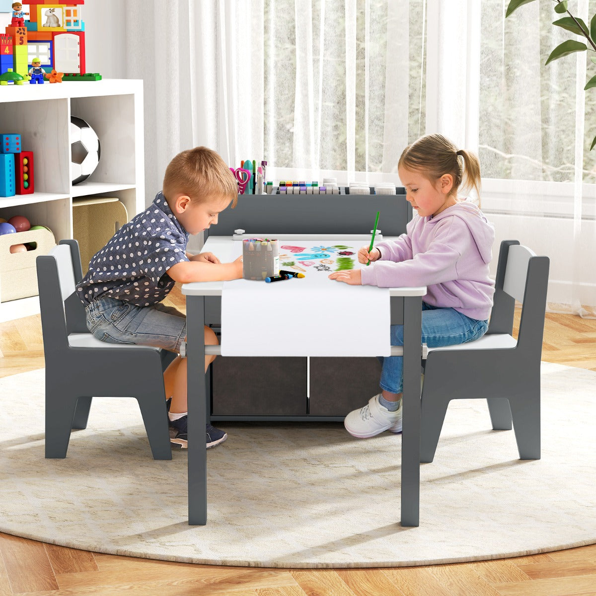 Kids Art Table and Chairs Set with Paper Roll and Storage Shelves-Grey