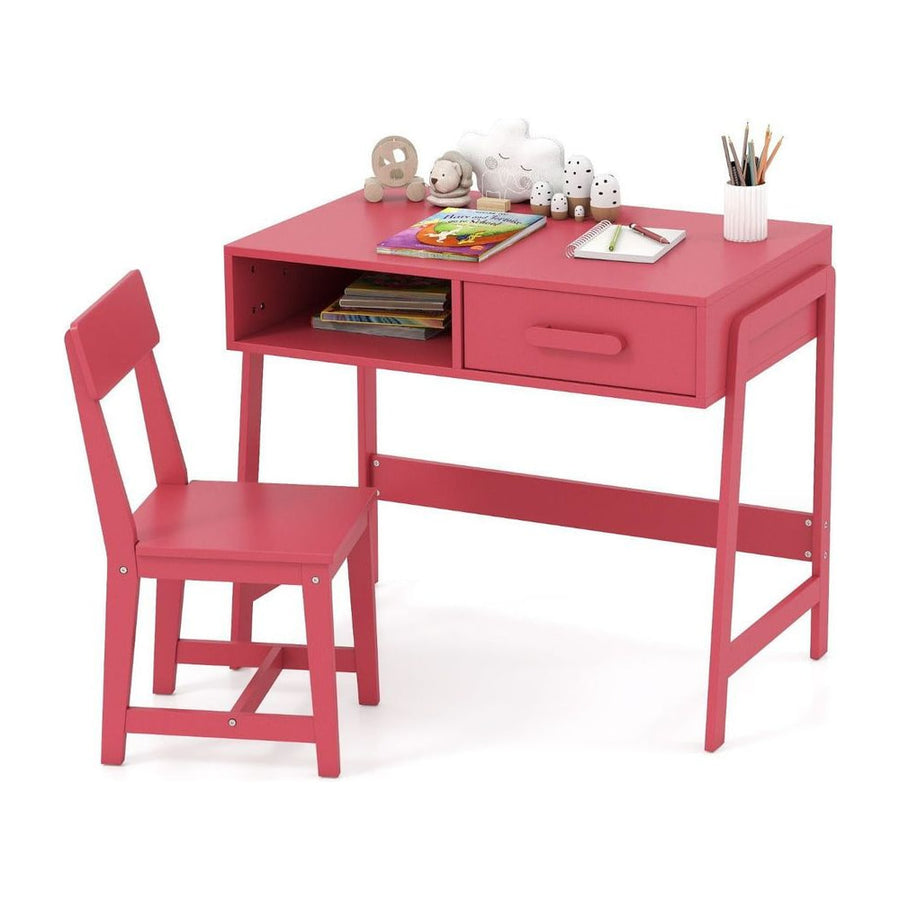 Kids Desk and Chair Set with Drawer and Pine Wood Legs-Pink