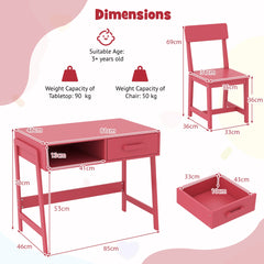Kids Desk and Chair Set with Drawer and Pine Wood Legs-Pink