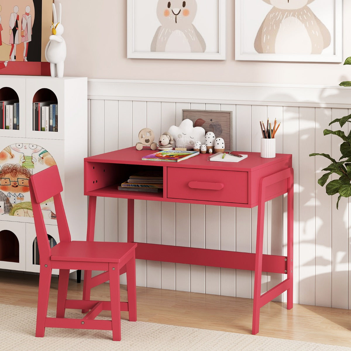 Kids Desk and Chair Set with Drawer and Pine Wood Legs-Pink