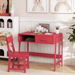 Kids Desk and Chair Set with Drawer and Pine Wood Legs-Pink
