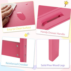 Kids Desk and Chair Set with Drawer and Pine Wood Legs-Pink