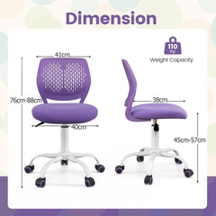 Dimensions of the purple ergonomic children study chair shown from the front and side