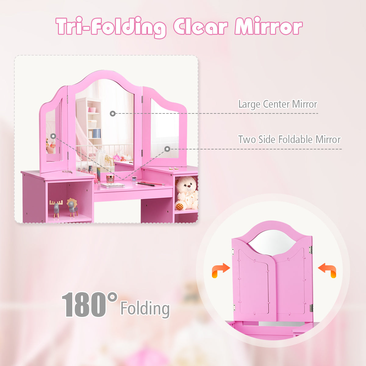Kids Dressing Table with Foldable and Removable Mirror and Storage Shelf-Pink