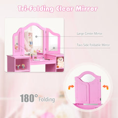 Kids Dressing Table with Foldable and Removable Mirror and Storage Shelf-Pink