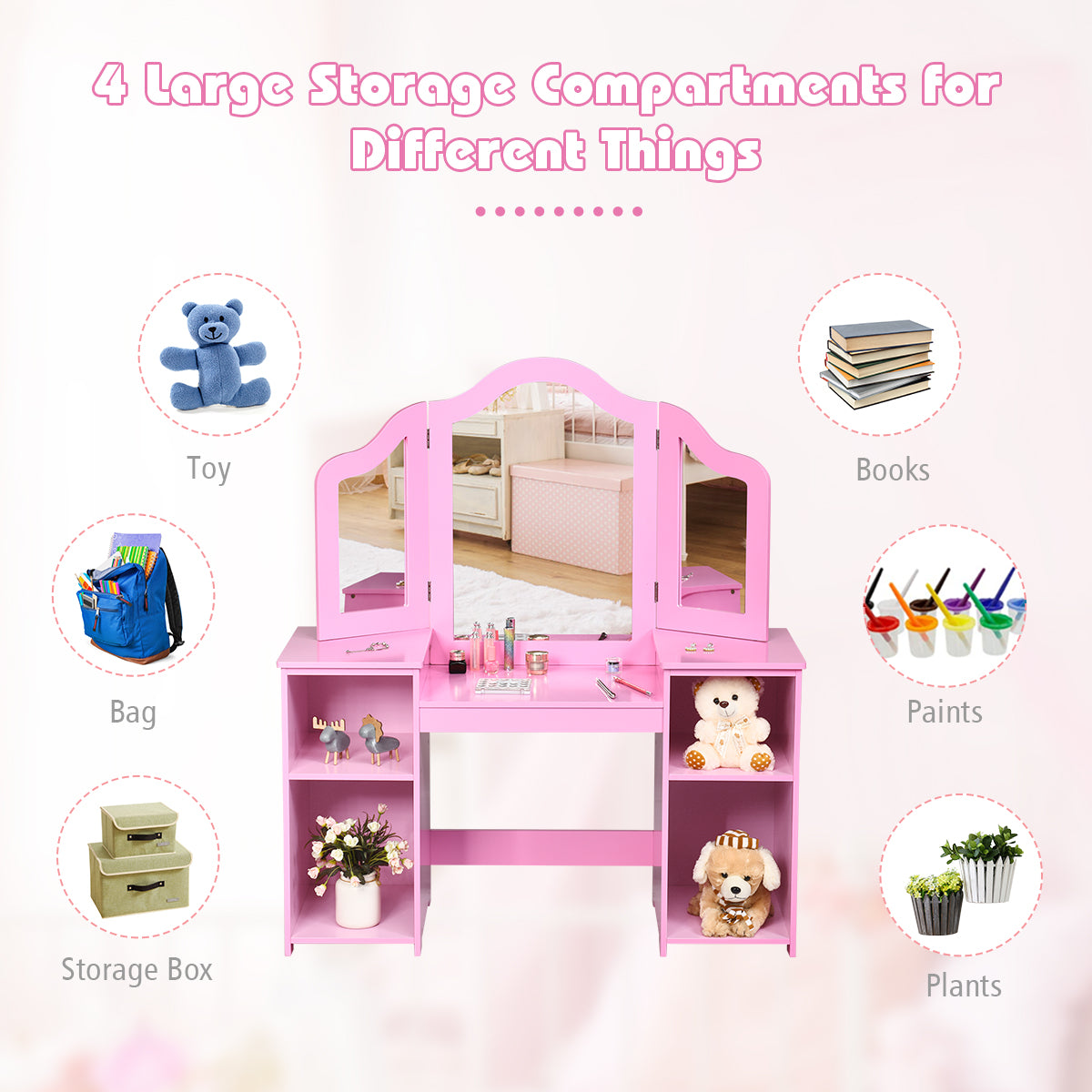 Kids Dressing Table with Foldable and Removable Mirror and Storage Shelf-Pink