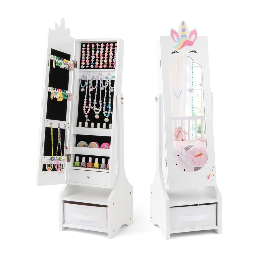 Kids Jewelry Cabinet with Full-Length Mirror and Foldable Drawer-White