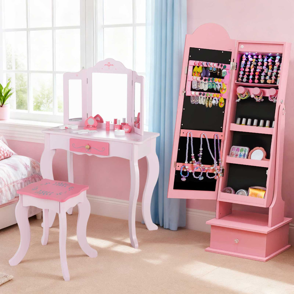 Kids Jewelry Cabinet Children Jewelry Organizer with Lights-Pink