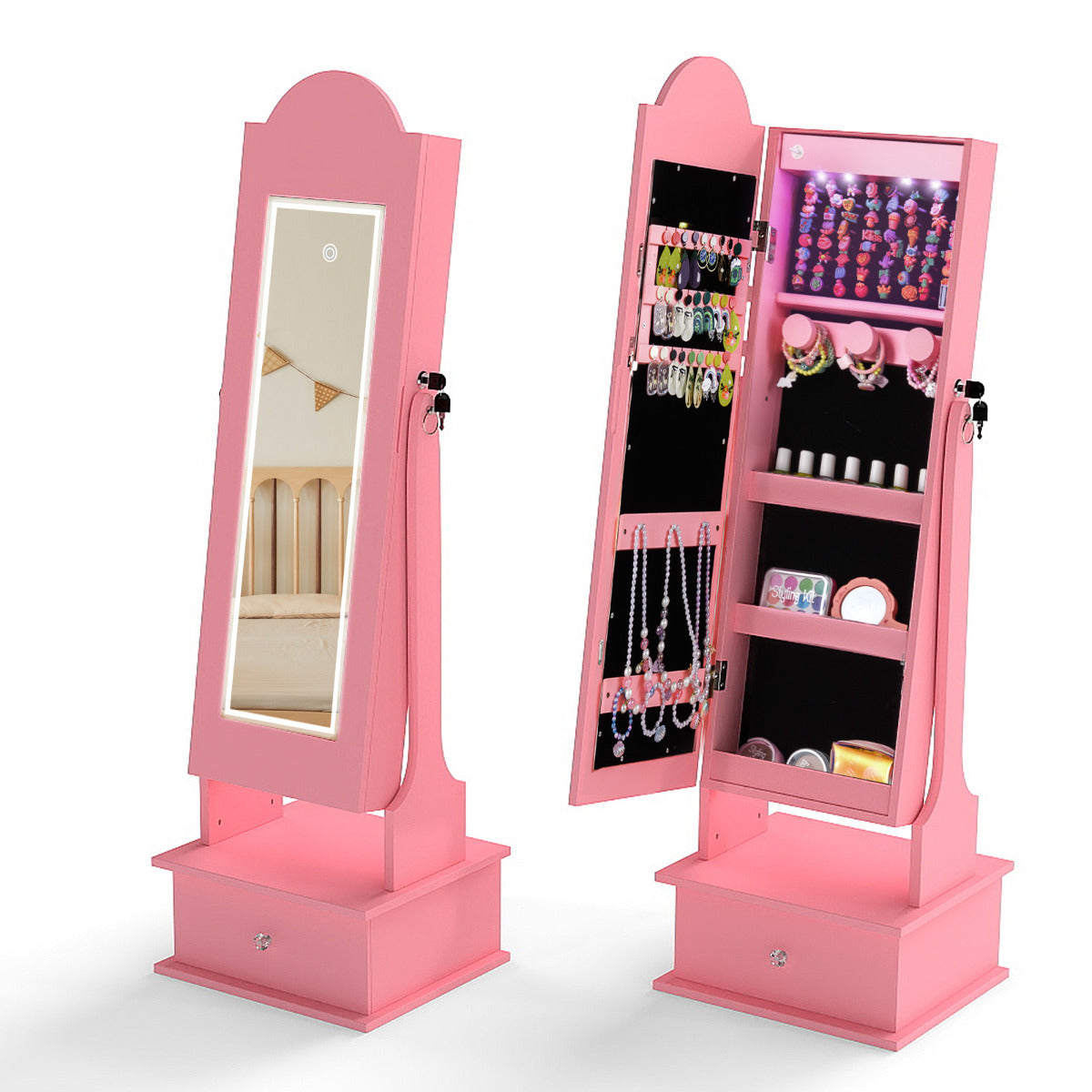 Kids Jewelry Cabinet Children Jewelry Organizer with Lights-Pink