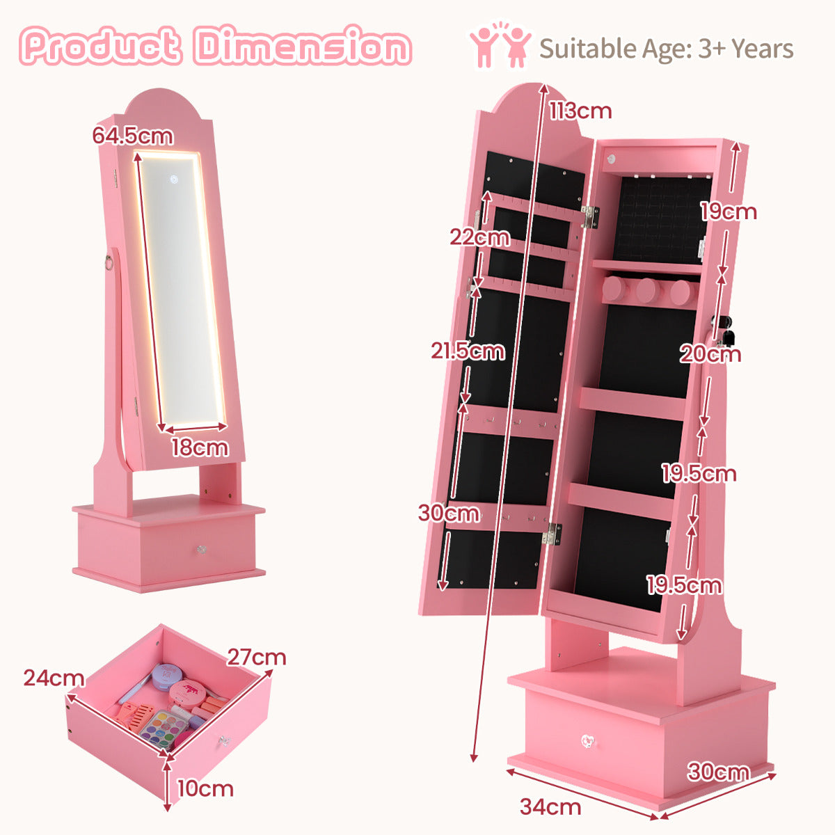Kids Jewelry Cabinet Children Jewelry Organizer with Lights-Pink