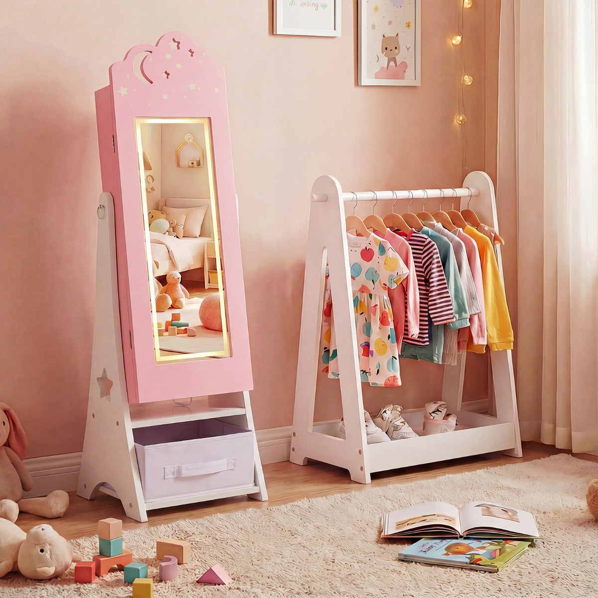 Kids Jewelry Cabinet with Sensor Lights and Full-Length Mirror-Pink