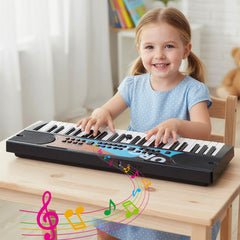 A young girl smiling while playing the black kids electric piano keyboard