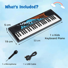What's included with the kids electric piano keyboard, showing the piano, microphone and USB cable with dimensions