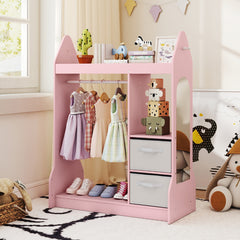 Kids Play Armoire Dresser with Acrylic Mirror Cloth Hanger-Pink