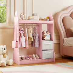 Kids Play Armoire Dresser with Acrylic Mirror Cloth Hanger-Pink