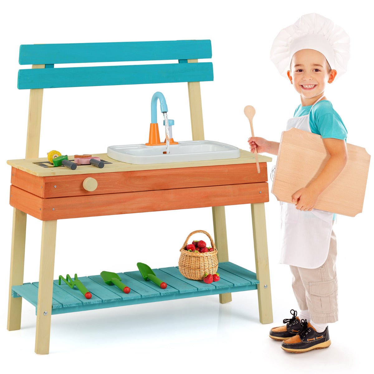 Kids Play Kitchen Set Wooden Kitchen Playset with Cooking & Gardening Accessories-Blue