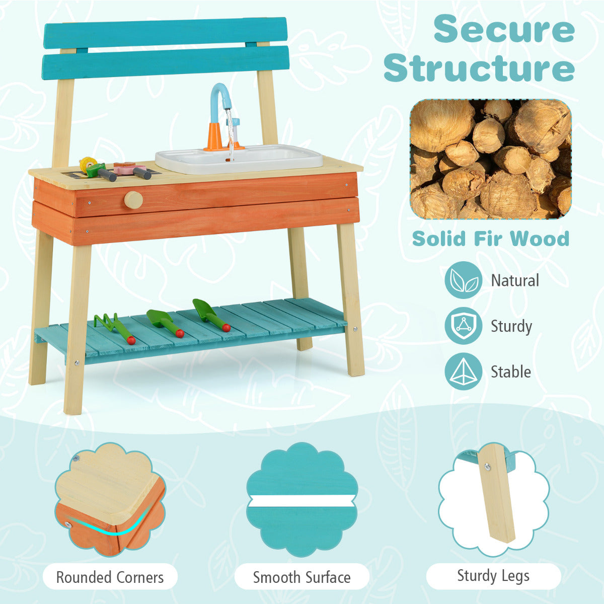 Kids Play Kitchen Set Wooden Kitchen Playset with Cooking & Gardening Accessories-Blue