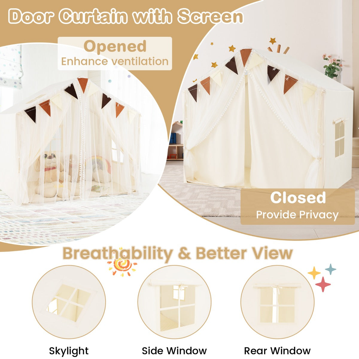 Kids Play Tent 3-4 Kids Large Play Tent House with Fabric and Screen Curtains-Beige
