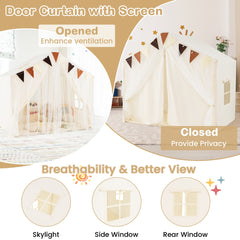 Kids Play Tent 3-4 Kids Large Play Tent House with Fabric and Screen Curtains-Beige