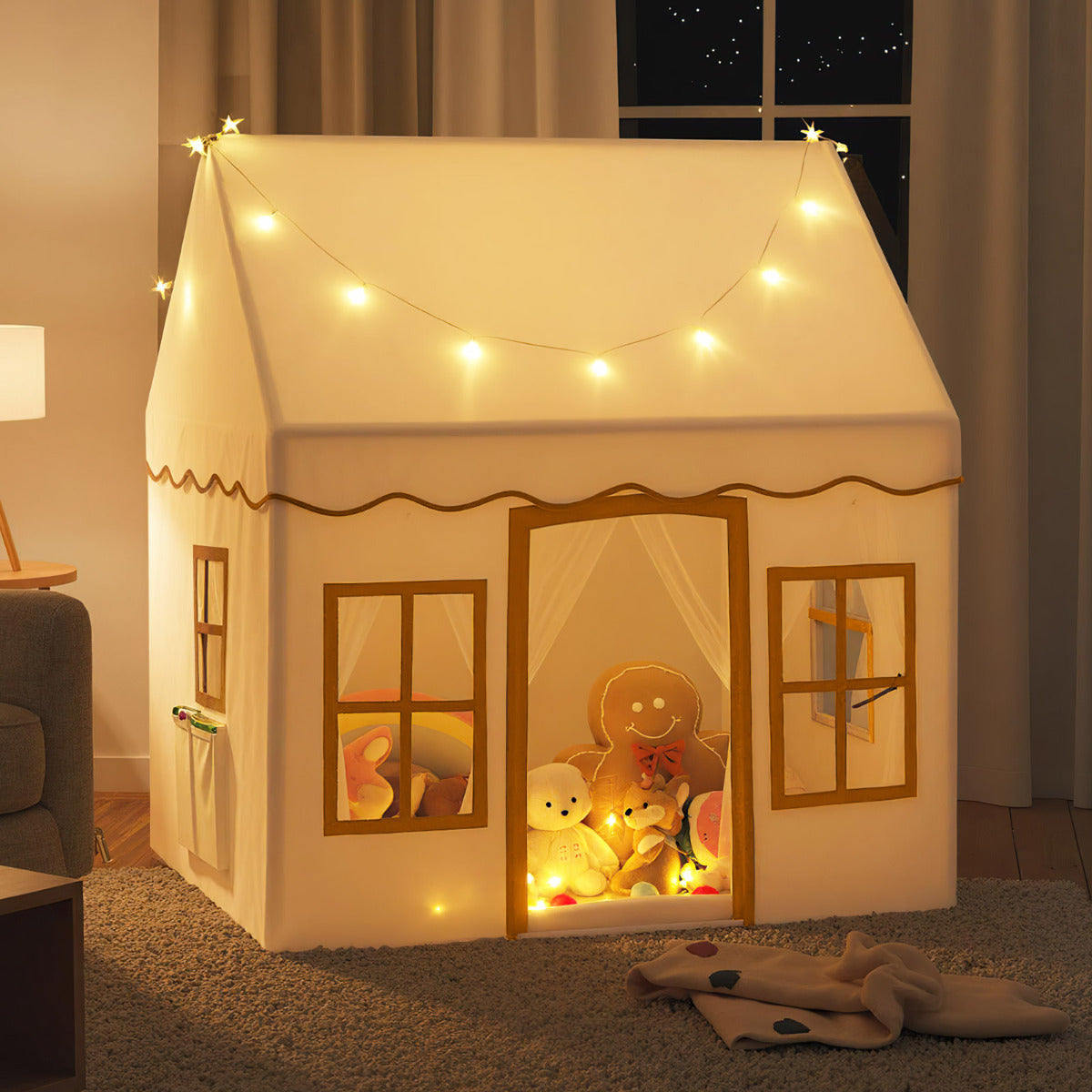 Kids Play Tent with Star Lights and Non-slip Mat-Khaki