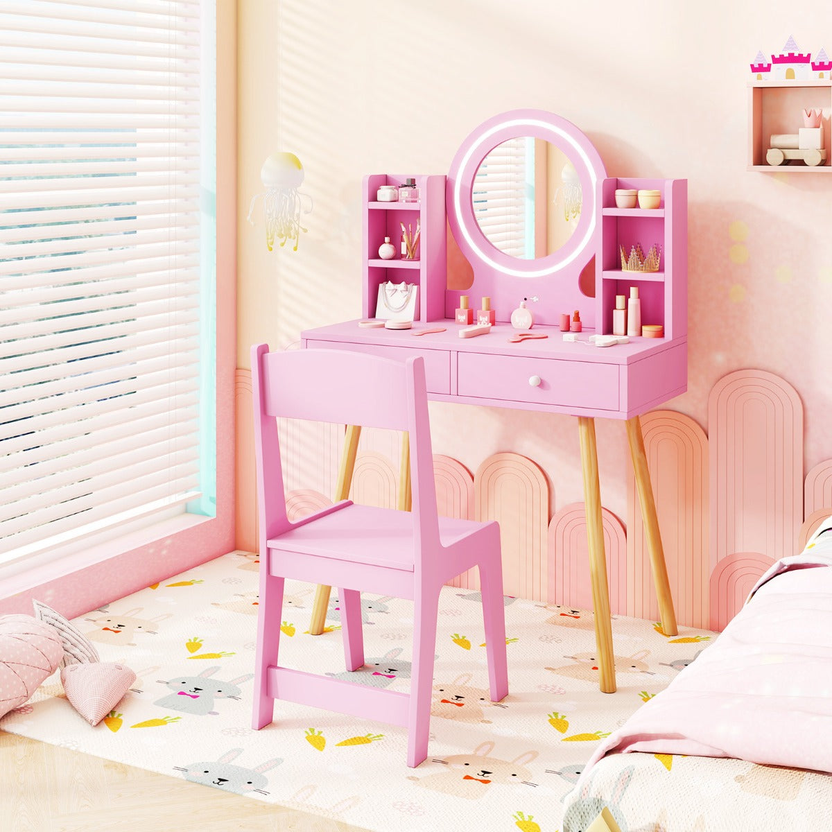 Kids Princess Vanity Desk Set with 2-Color LED Lighted Acrylic Mirror-Pink