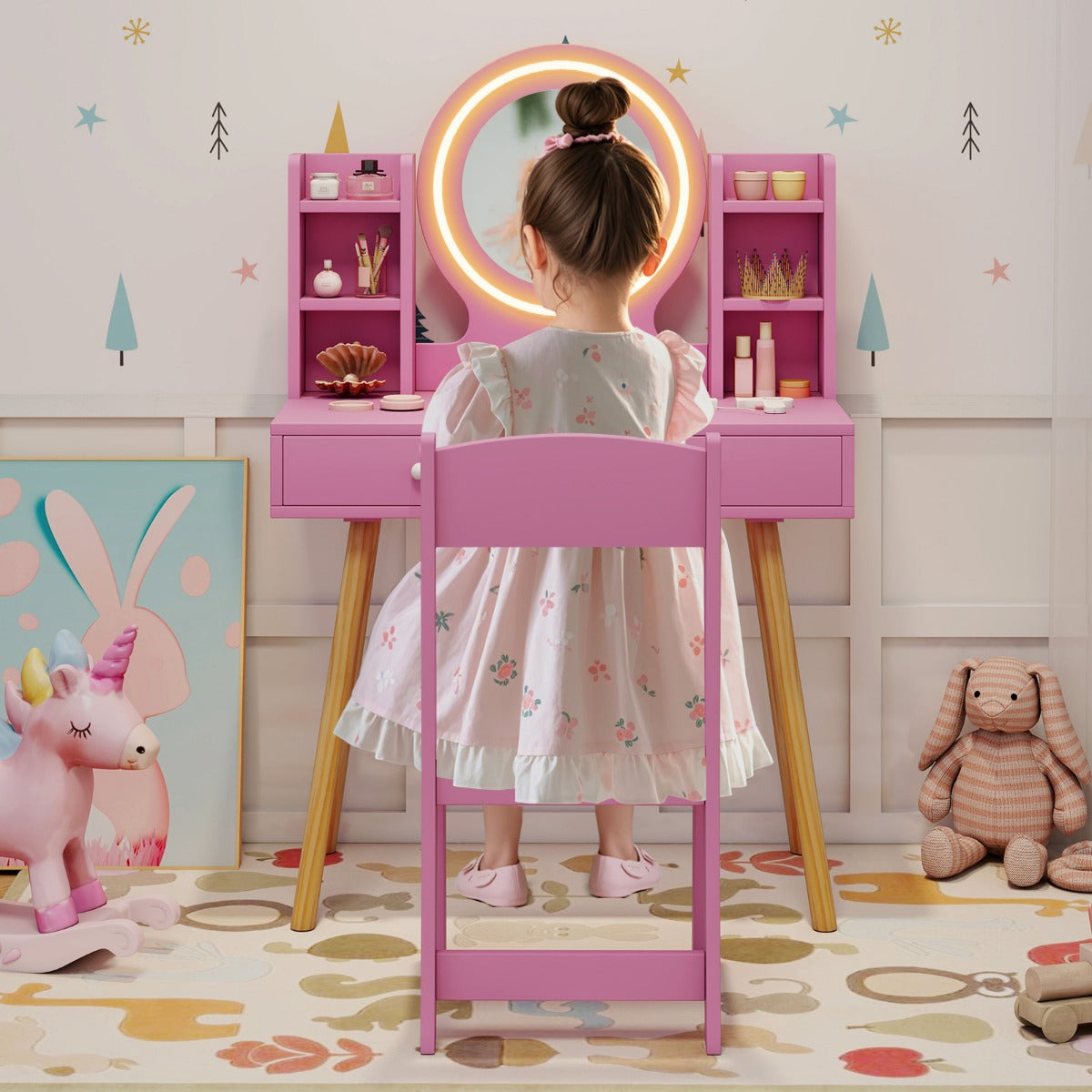 Kids Princess Vanity Desk Set with 2-Color LED Lighted Acrylic Mirror-Pink