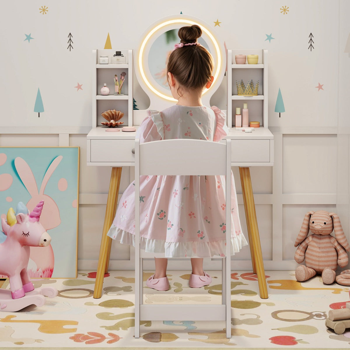 Kids Princess Vanity Desk Set with 2-Color LED Lighted Acrylic Mirror-White