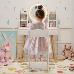 Kids Princess Vanity Desk Set with 2-Color LED Lighted Acrylic Mirror-White