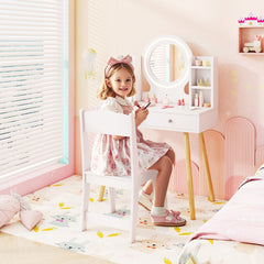 Kids Princess Vanity Desk Set with 2-Color LED Lighted Acrylic Mirror-White