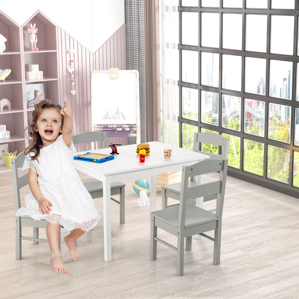Kids Table and 4 Chairs Set for Toddlers Dining, Drawing, Reading-Grey
