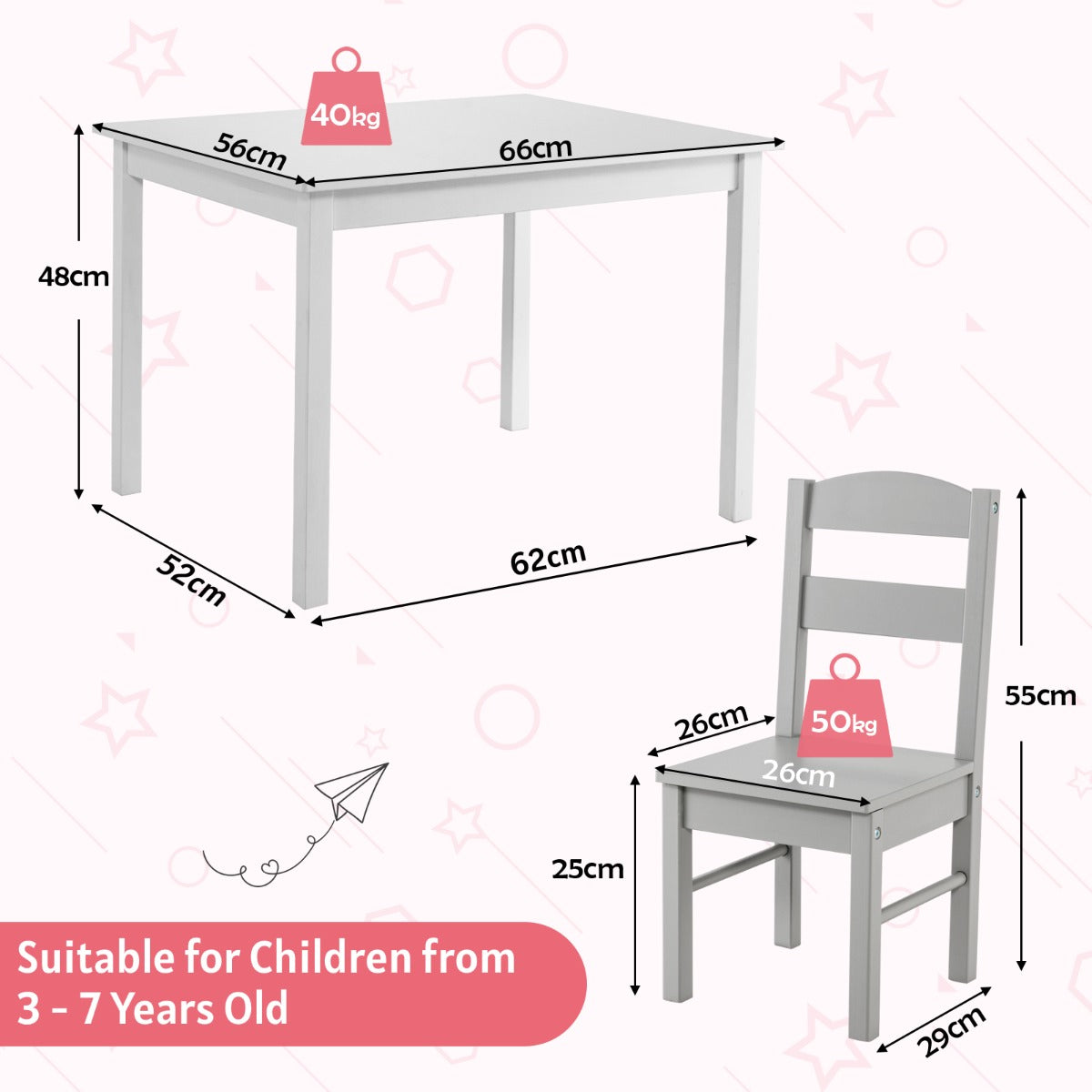 Kids Table and 4 Chairs Set for Toddlers Dining, Drawing, Reading-Grey