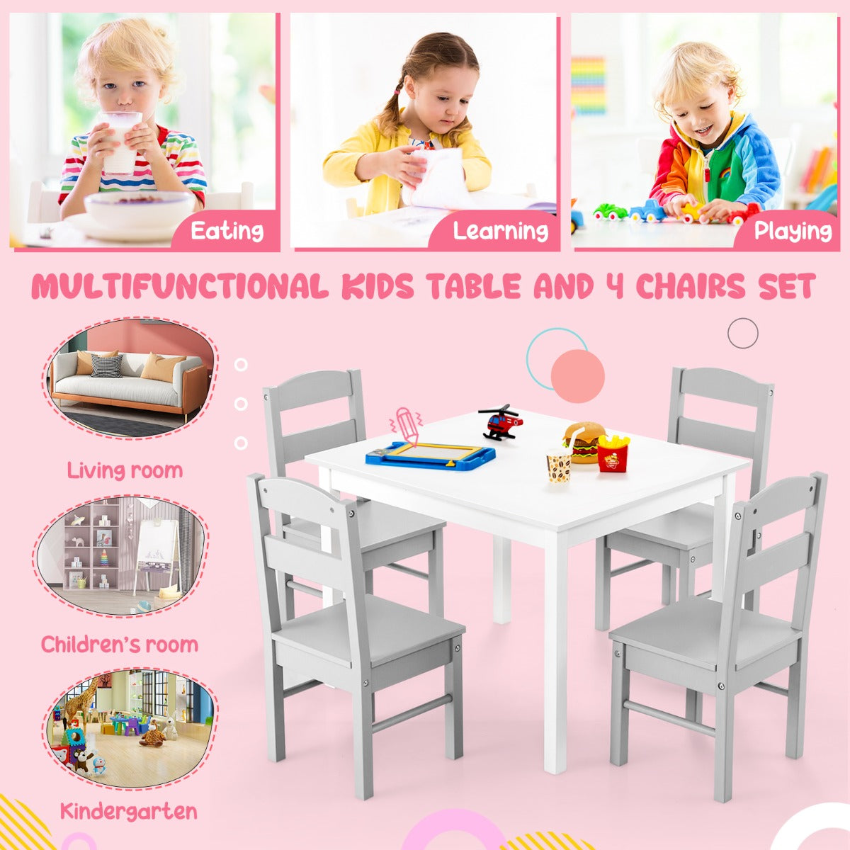 Kids Table and 4 Chairs Set for Toddlers Dining, Drawing, Reading-Grey