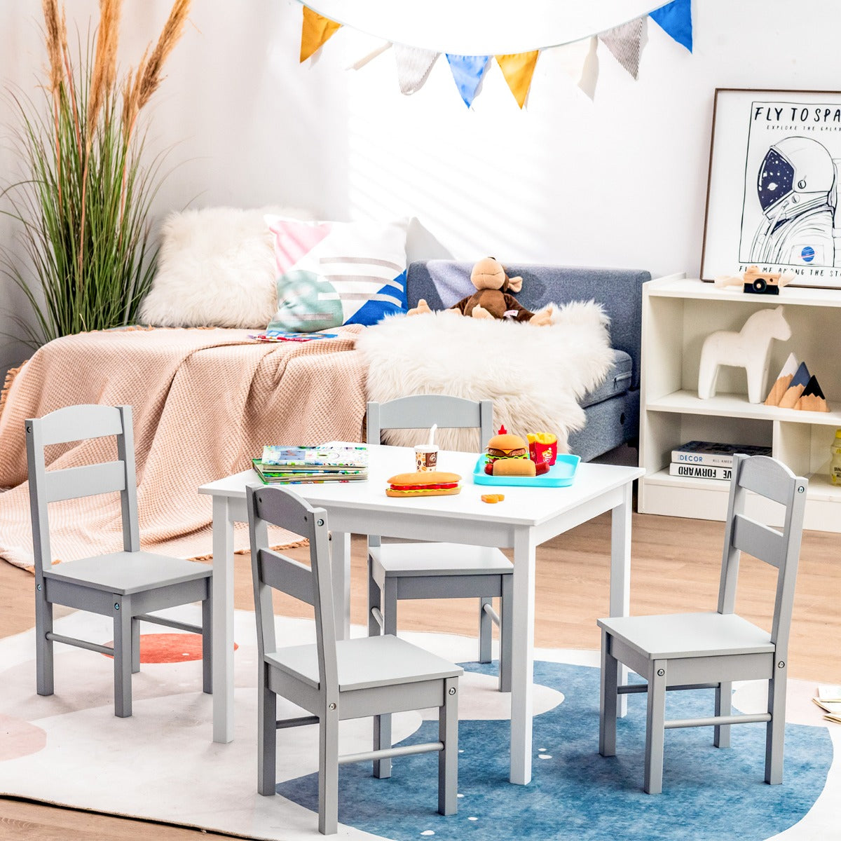 Kids Table and 4 Chairs Set for Toddlers Dining, Drawing, Reading-Grey