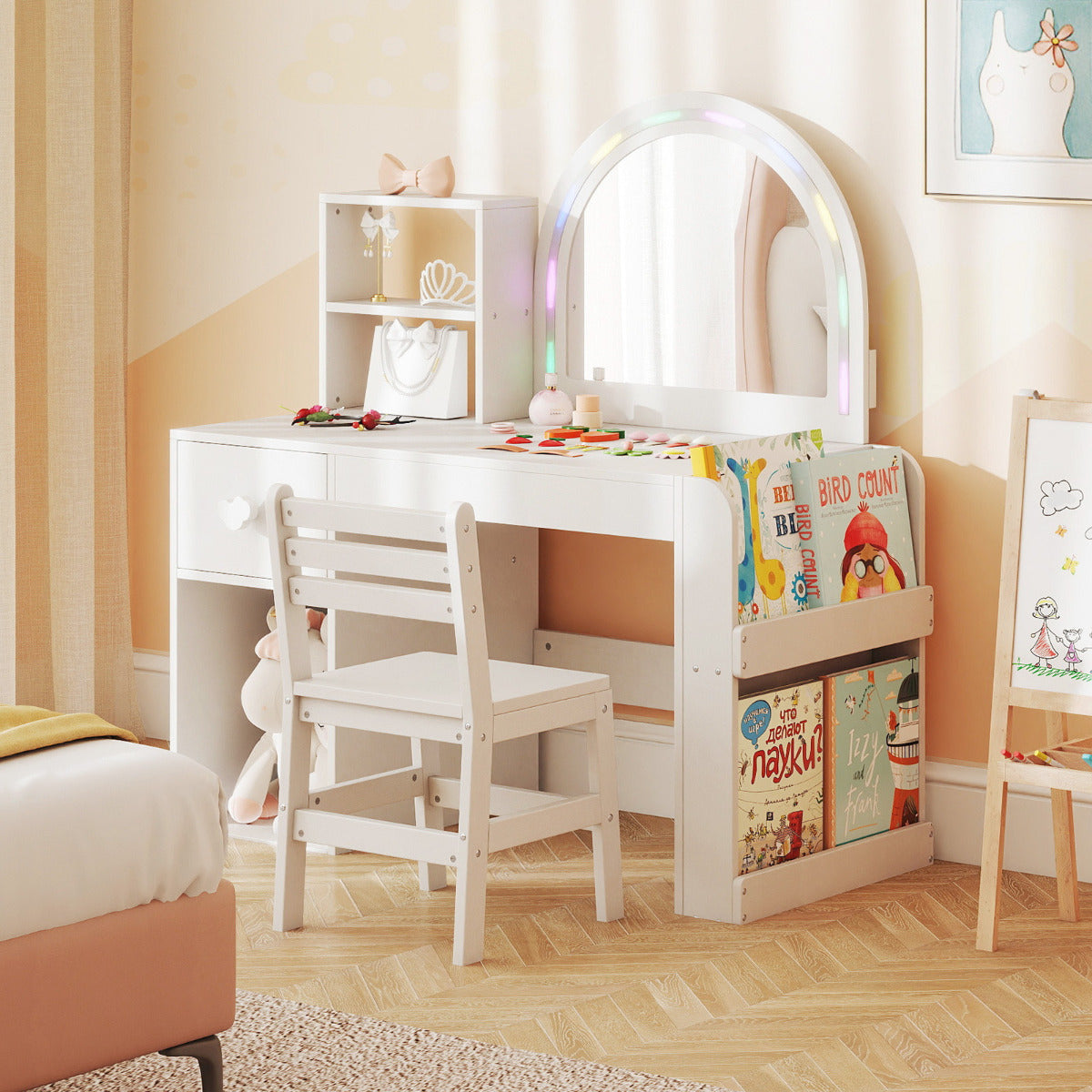 Kids Vanity Table and Chair Set with Lighted Mirror Open Storage Shelves-White