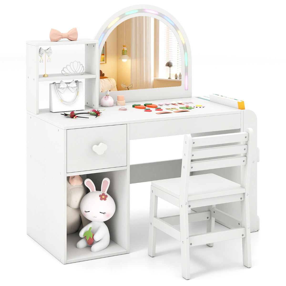 Kids Vanity Table and Chair Set with Lighted Mirror Open Storage Shelves-White