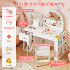 Kids Vanity Table and Chair Set with Lighted Mirror Open Storage Shelves-White